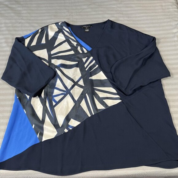 Lafayette 148 Shirt Womens 2X Blue Black Silk Geometric Print Blouse Top Plus - Picture 1 of 6